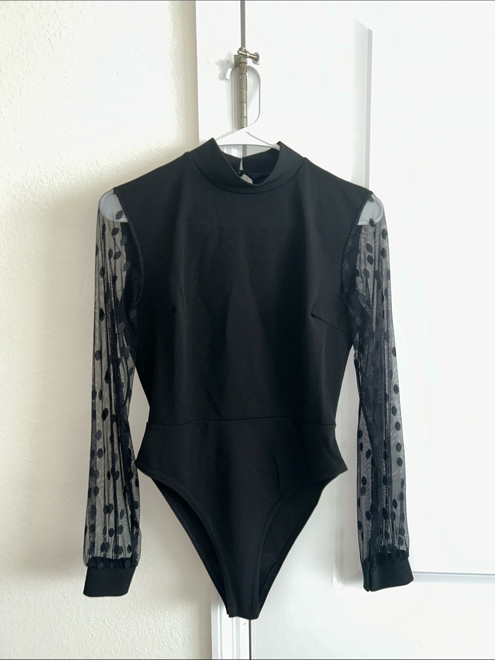 Boohoo Black Sheer Polka Dot Sleeve Bodysuit Club Top Blouse Sexy